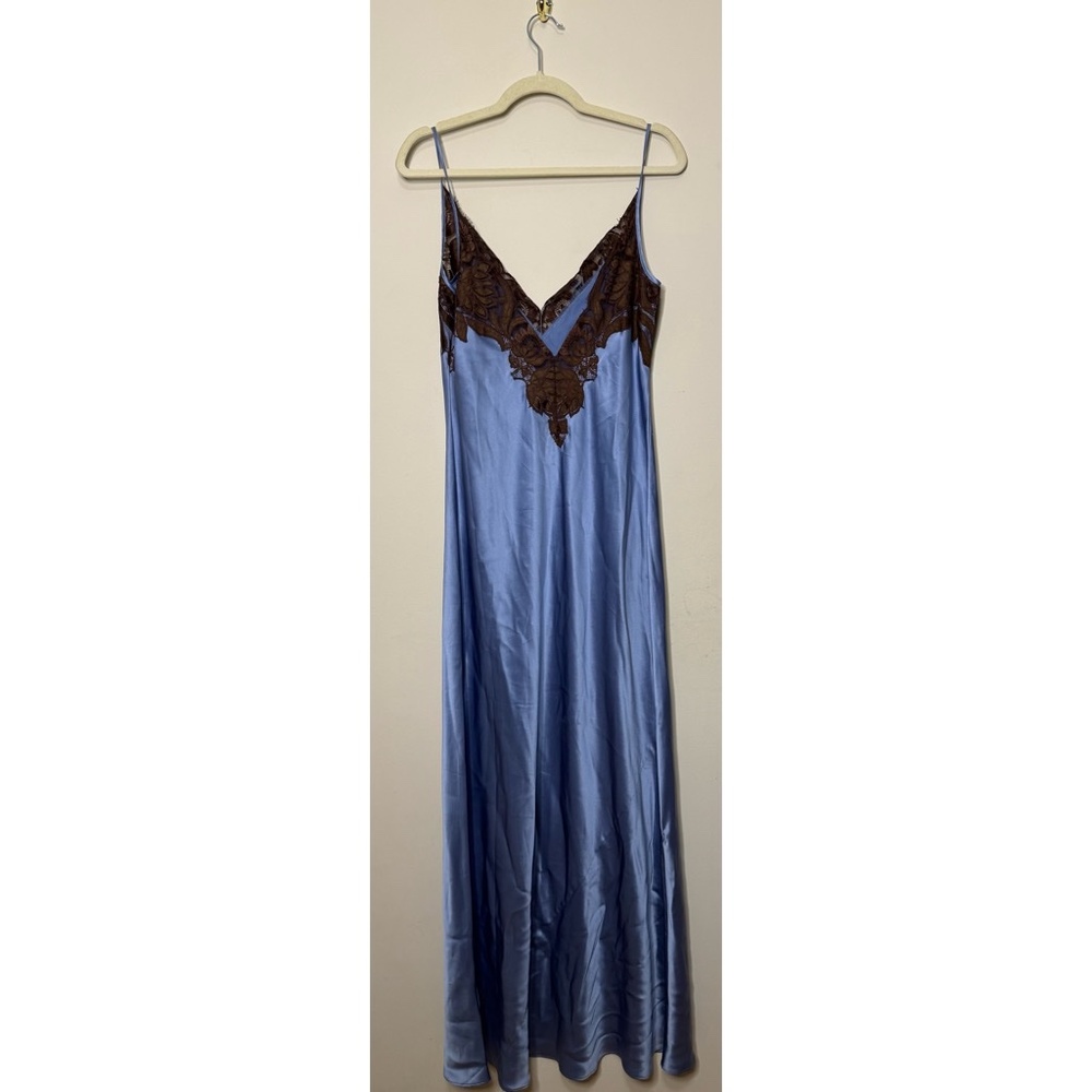 SIR the label Blue Satin Slip Dress with Brown Lace Trim - Picture 8 of 12
